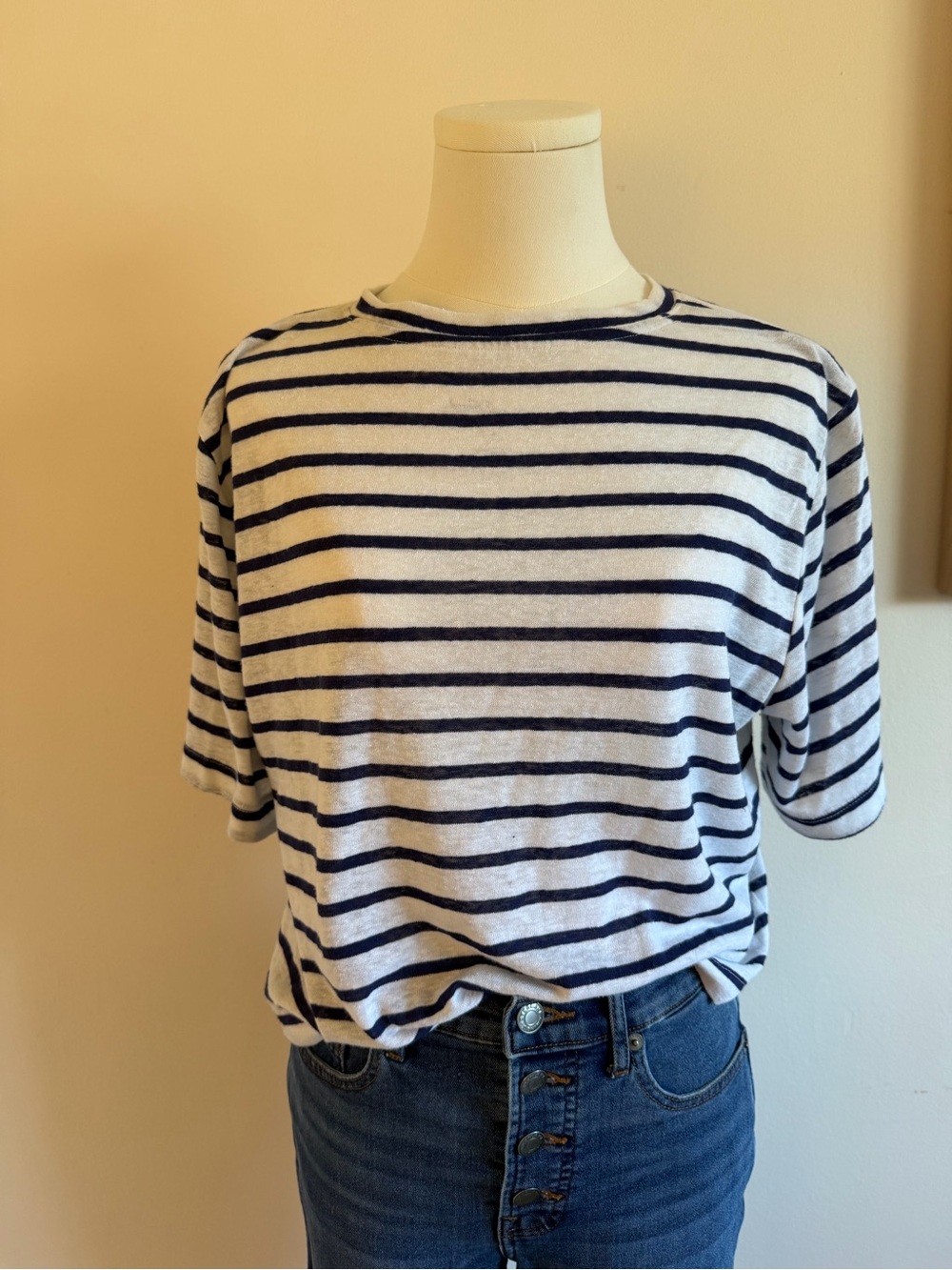 Universal Thread Cream and Navy Striped Crewneck Tee